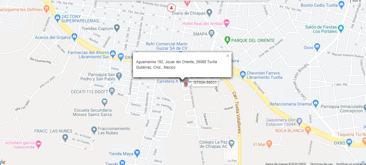 Aguamarina 192, Joya del oriente, 29089, Tuxtla Gutierrez, Chiapas, México.